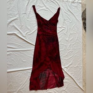 red bead sequin rhinestone tye dye cinch ruffle asymmetrical fairy maxi dress